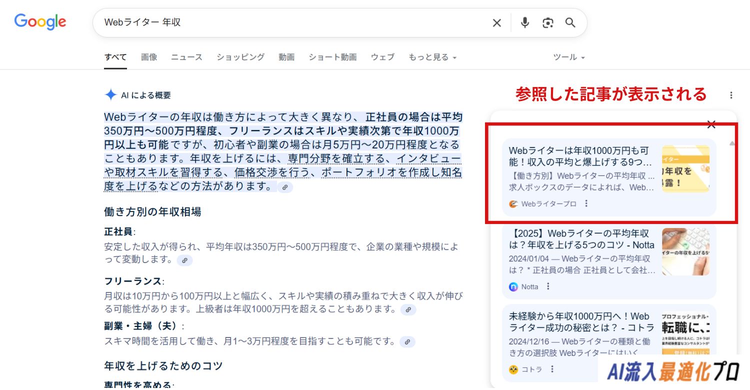 GoogleのAI Overviewsで参照リンクが表示される例